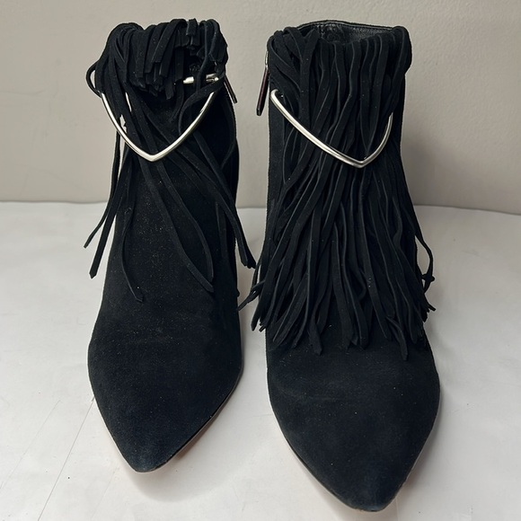 Brian Atwood Sz 9 Perri Black Suede Fringe Firing Booties Metal Detail 2.5” Heel - Picture 3 of 10